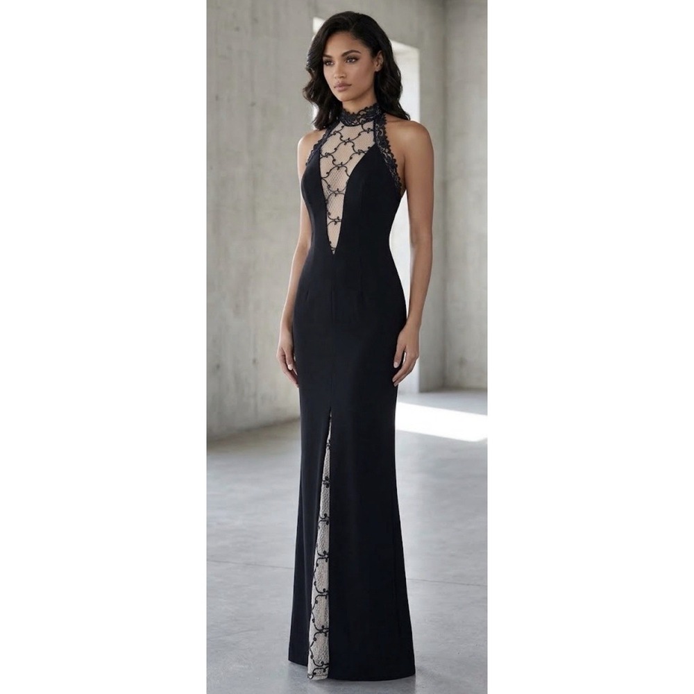 Janine VTG 90s Lace Illusion Bodycon gown black Evening Prom Y2K Size Small